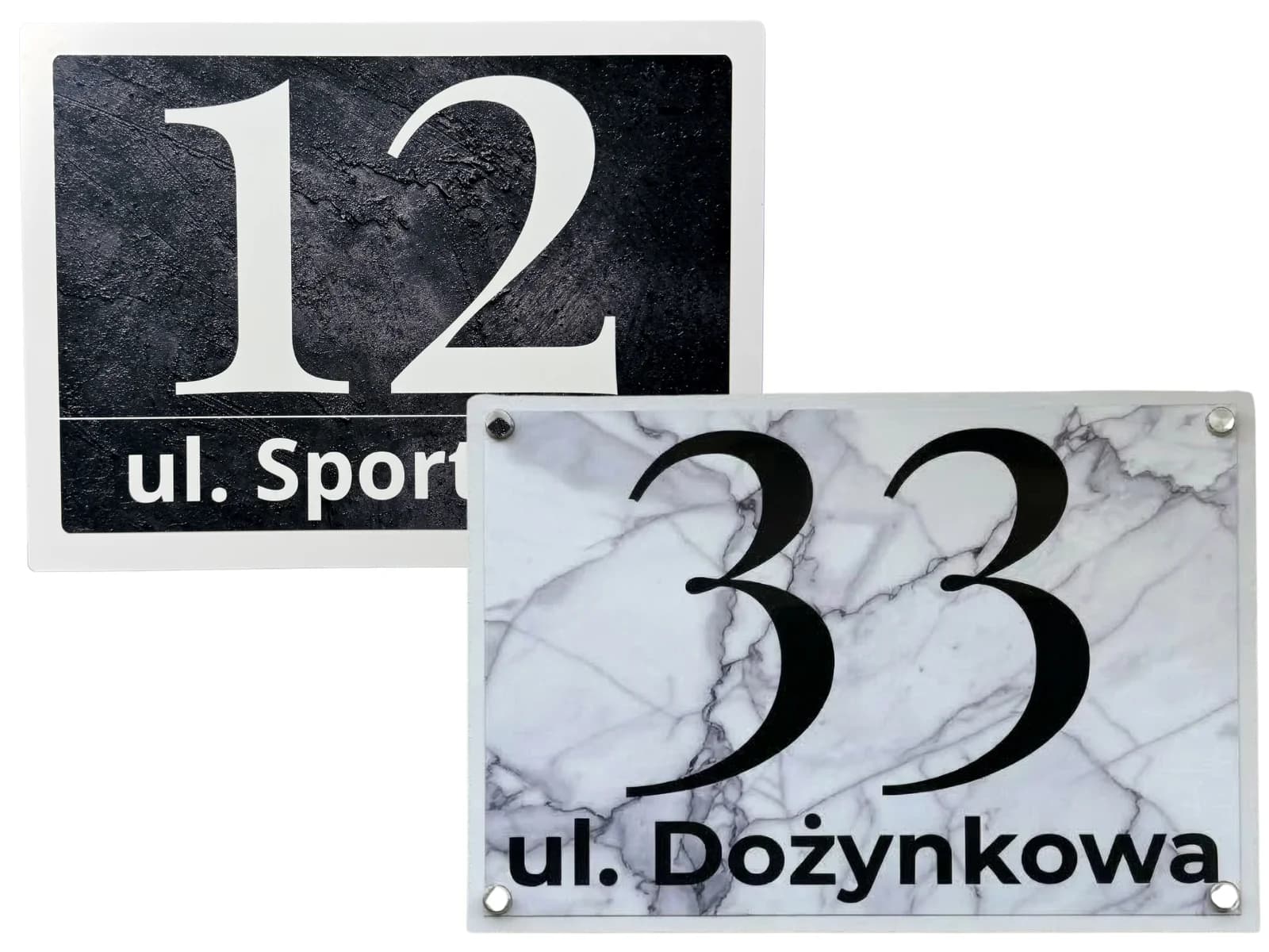 Pair of Bolot Studio address signs in classic anthracite and white marble templates side by side