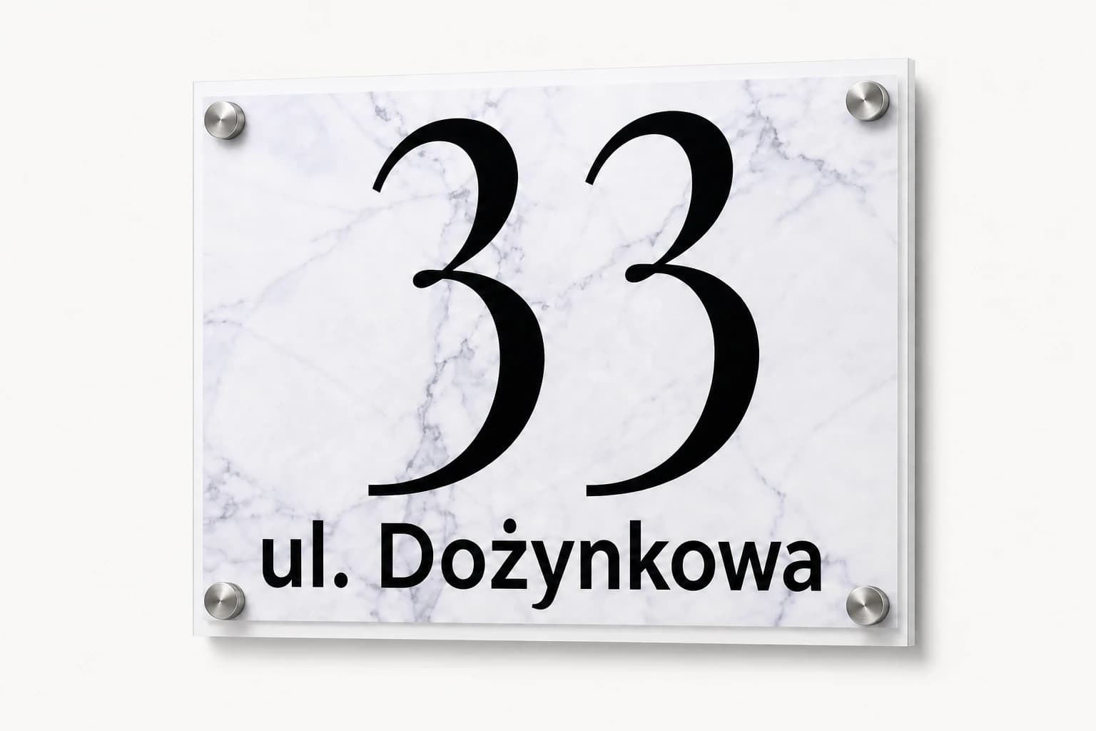 Example personalised marble Address Sign mounted with four mechanical standoffs