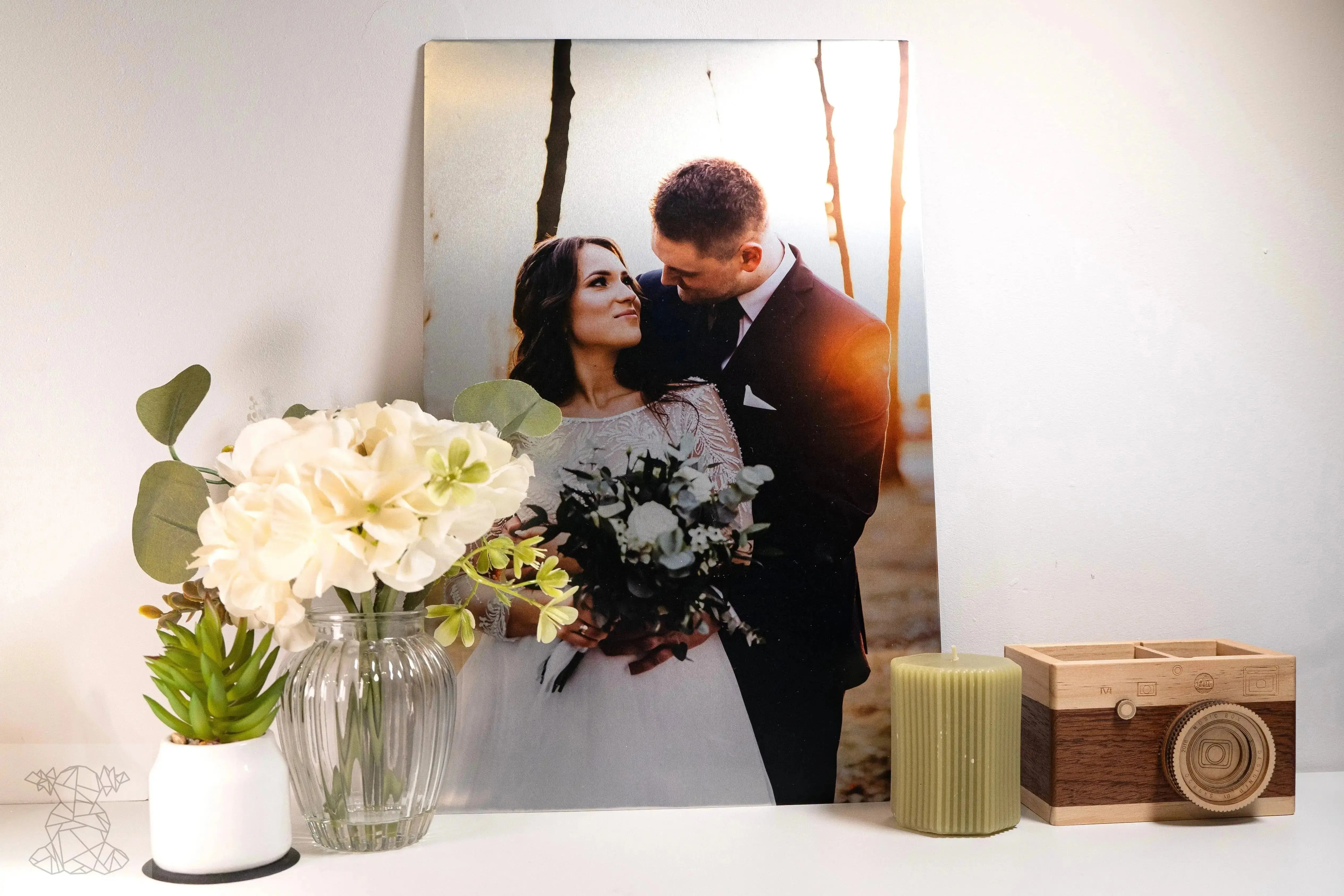 Bolot Studio wedding metal print on shelf – bride and groom custom photo gift on metal